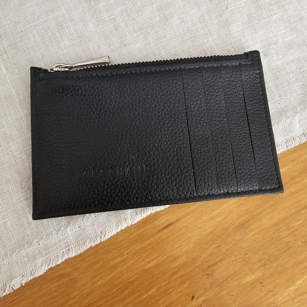 Longchamp Le Foulonne Card Holder Wallet Slim Black Silver Pebble Leather